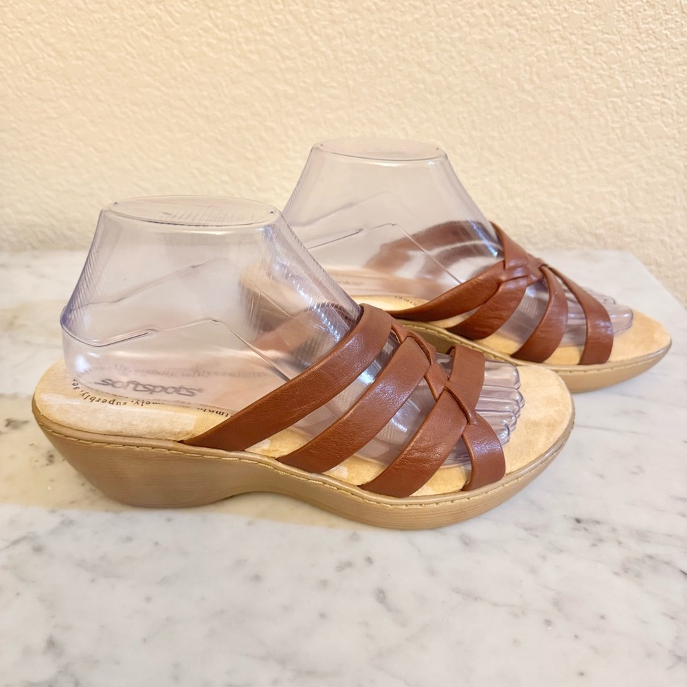 Softspots Size 8W Slip-on Brown Leather Comfort Wedge Sandals